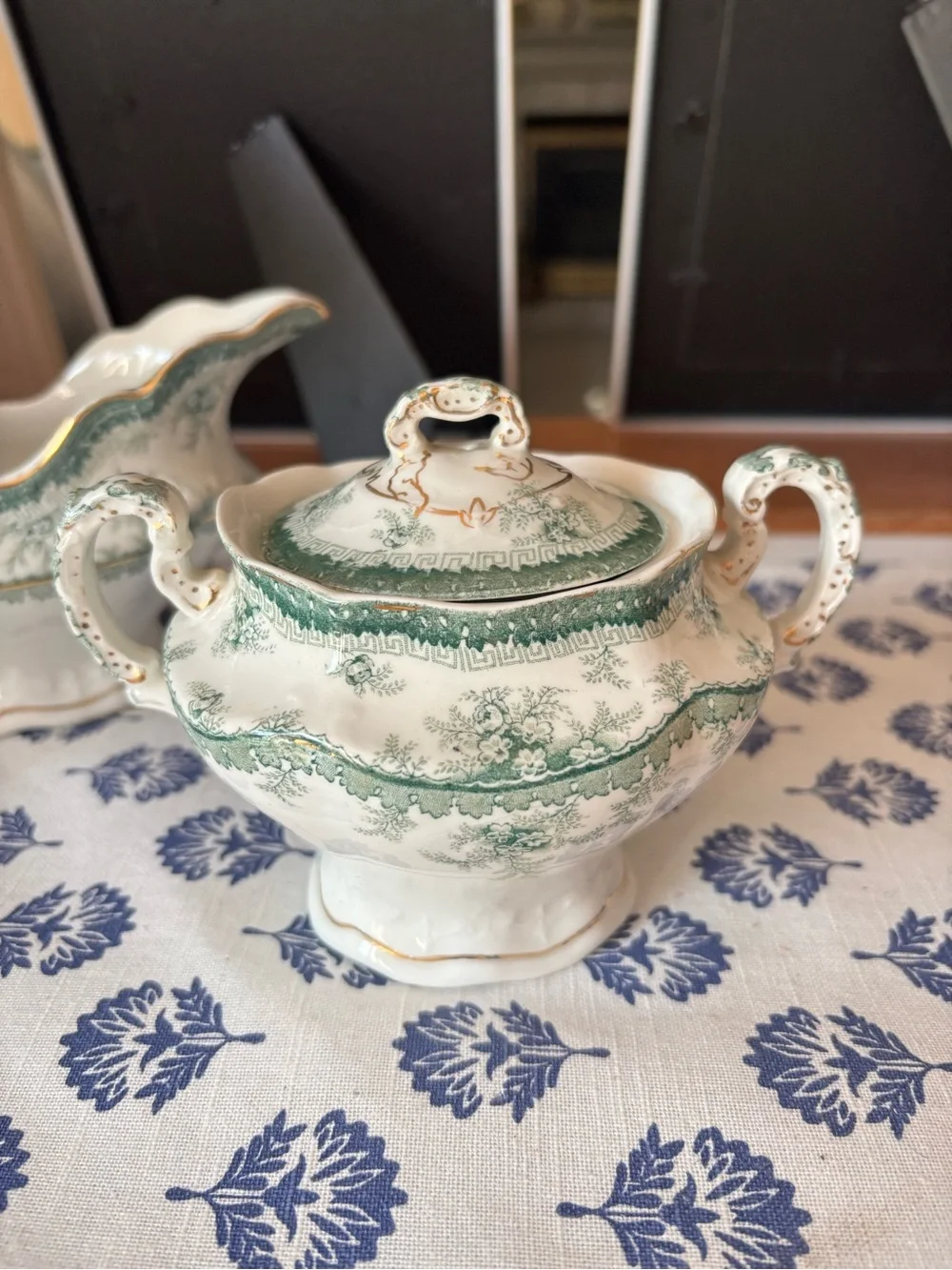 Antique Greenand White Transferwa Floral Porcelain Gravy Boat and Sugar Bowl Set
